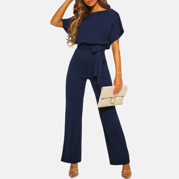 Elegant women's wide-leg jumpsuit with short sleeves & high waist, perfect for summer casual or office wear.