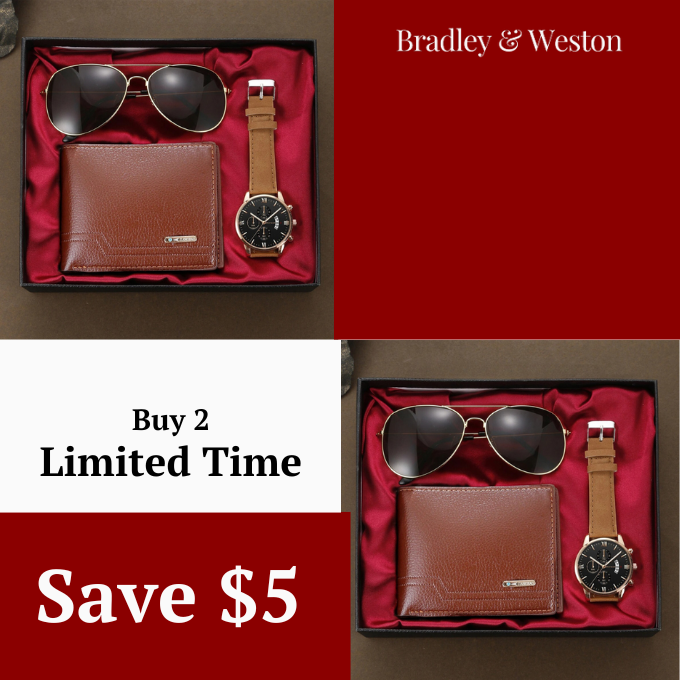 Premium men's birthday or holiday gift set featuring an elegant watch, leather wallet, and aviator sunglasses.
