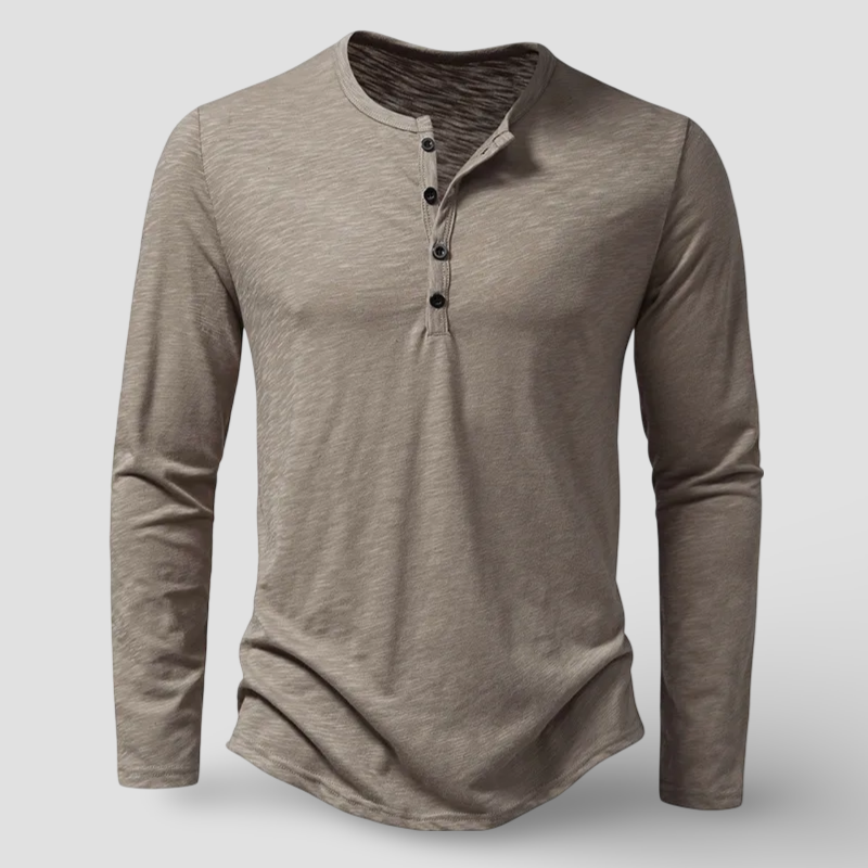 Stylish men's long sleeve henley top with a versatile button placket, ideal for casual and classic menswear.