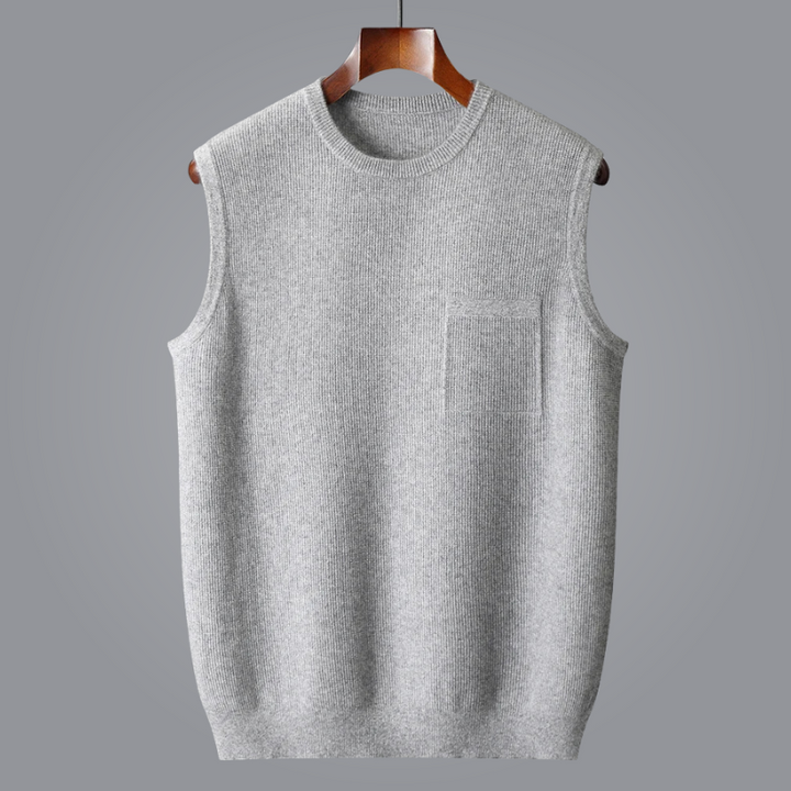 Comfortable men's sleeveless sweater vest, ideal for elegant layering in smart casual and business casual outfits.