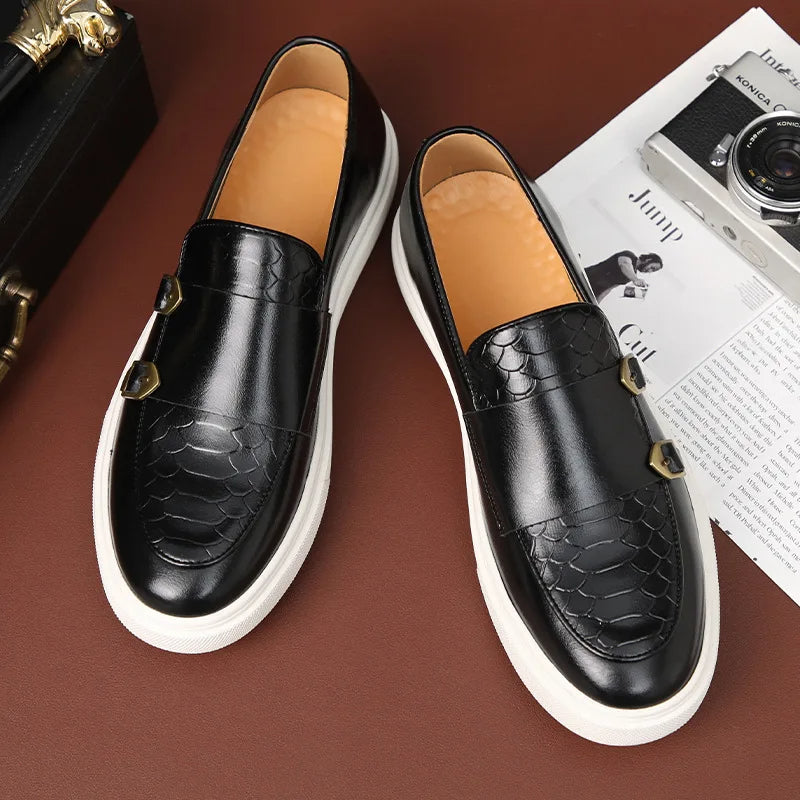 Classic men's modern loafers, croc-embossed texture and striking double buckle detail.