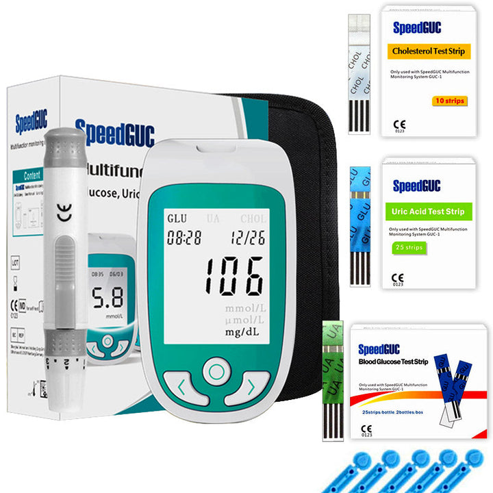 3-in-1 health monitor for home use: cholesterol, glucose, & uric acid testing kit. Personal wellness tracker.
