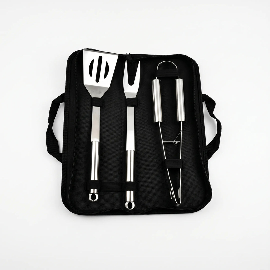 Close-up of durable stainless steel grilling spatula from a 3-piece BBQ tool set, perfect for outdoor cooking.