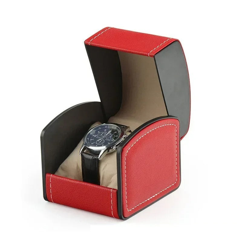 Red watch protector box, a vibrant accessory box for elegant timepiece storage and safe travel.