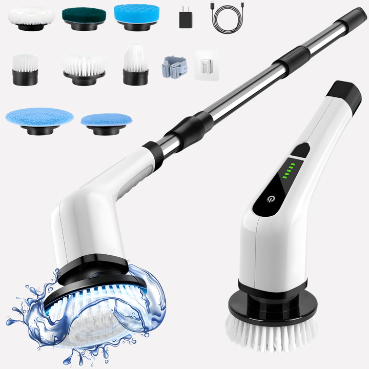 Cordless electric cleaning brush with adjustable heads for household, bathroom, and kitchen cleaning. Rechargeable power scrubber.