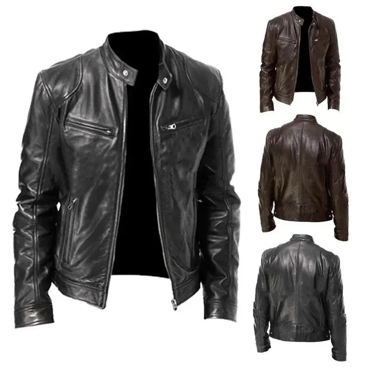 Men's classic black leather biker jacket. Features a rugged, modern fit for stylish everyday casual fashion outerwear.