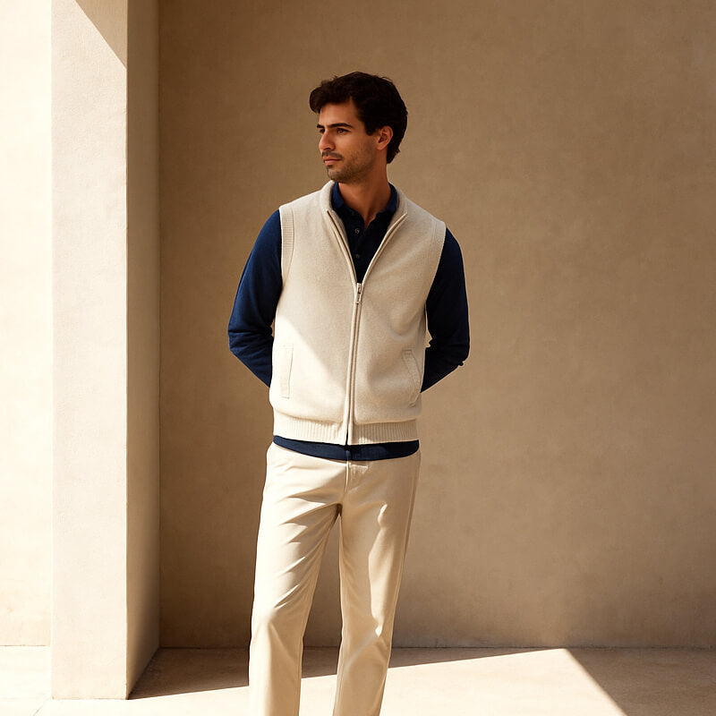 Versatile men's zip vest in a neutral color, offering warmth & style for fall.