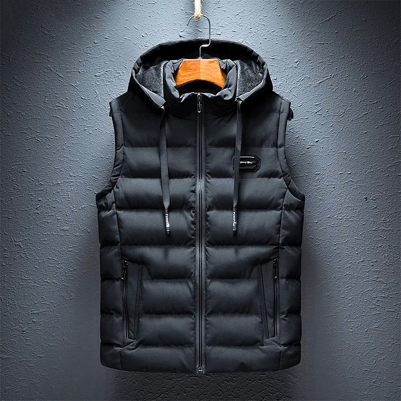 Stylish men's cotton puffer vest with hood & zippered pockets. Warm sleeveless jacket, perfect for men's casual fashion.