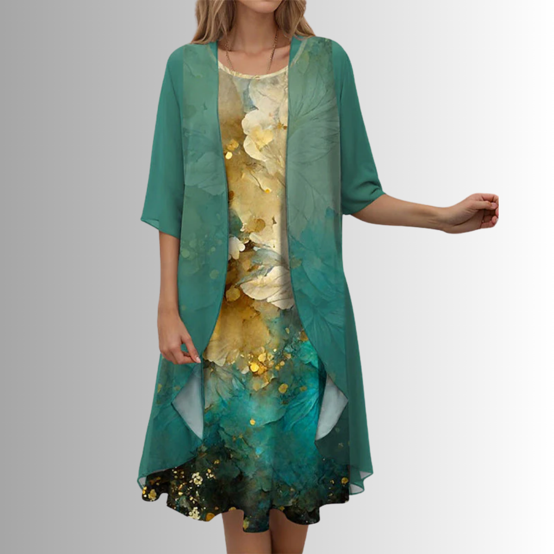 Stylish women's floral midi dress & sheer cardigan, a versatile 2-piece set for spring and summer fashion.
