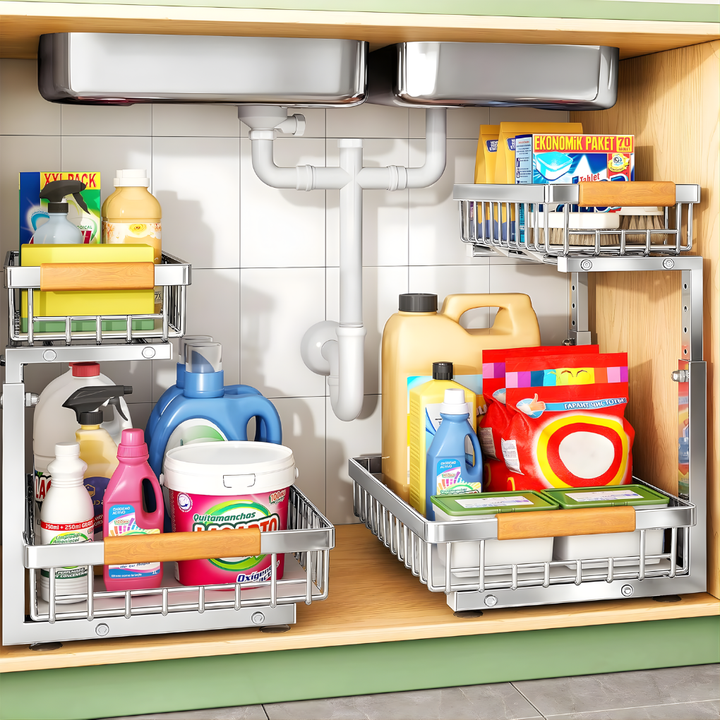 Sliding under sink cabinet organizer, perfect for kitchen, bathroom, or pantry storage. Easy pull-out access.