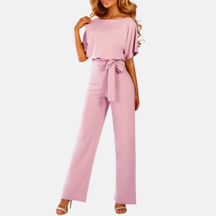 Women's elegant wide-leg romper, solid short-sleeve design, high waist for a flattering summer office look.