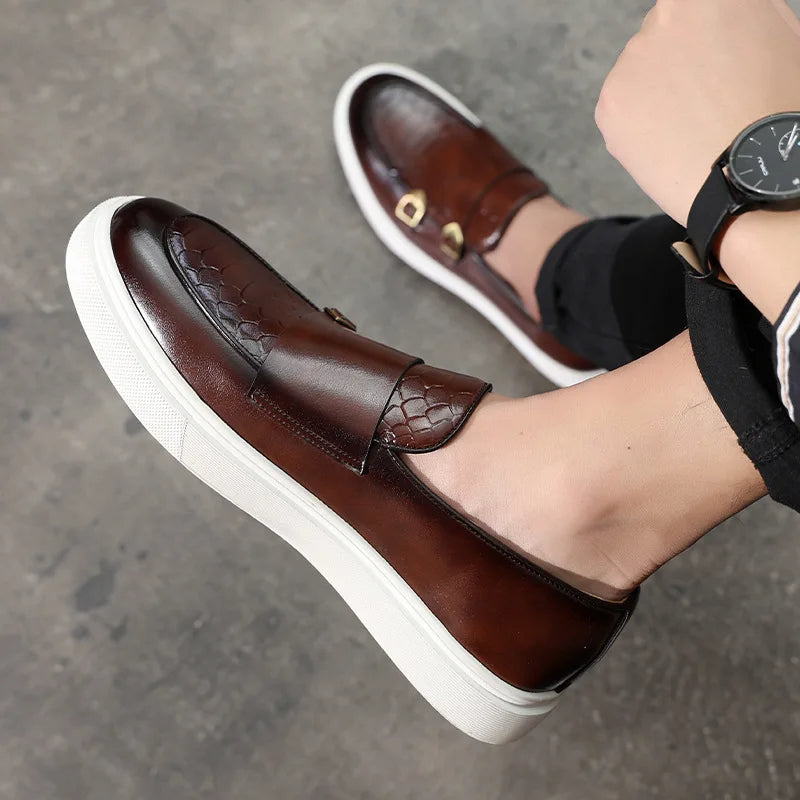 Premium men's footwear: Croc-embossed loafers with two stylish buckles. Ideal for dress or casual chic.