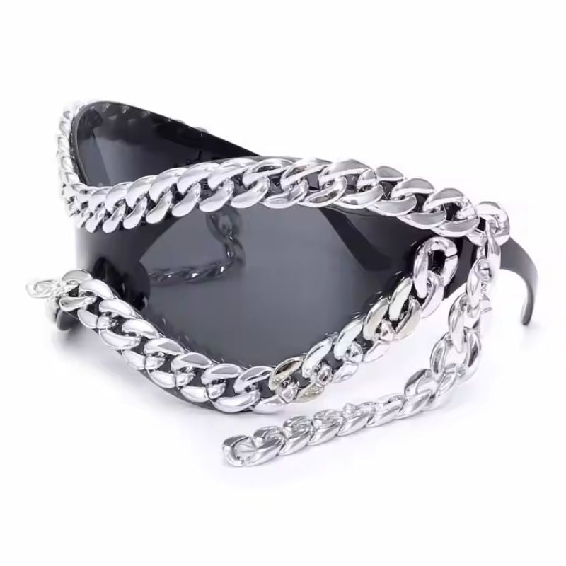 Modern unisex mirrored sunglasses featuring a distinctive chain accent. Fashionable eyewear accessory.