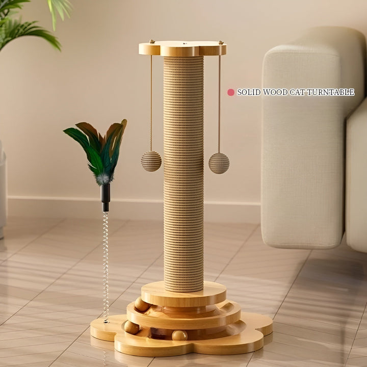 Premium wooden cat toy and scratching post combo, providing hours of interactive feline entertainment.