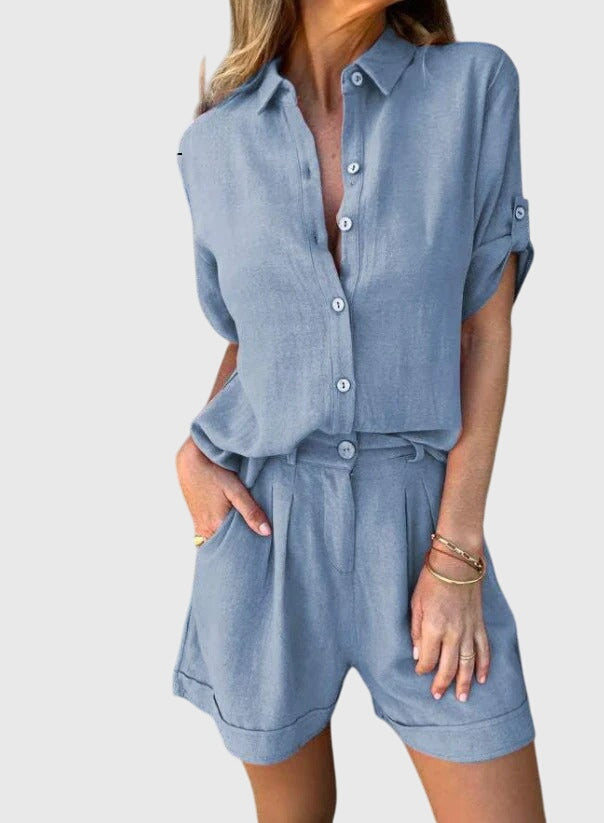 Soft women's short sleeve and shorts matching set, a perfect comfortable outfit for warm weather.