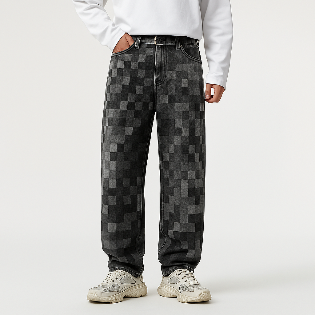 Comfortable men's relaxed fit jeans, showcasing a unique mosaic pixelated style. Straight leg, versatile fashion denim.