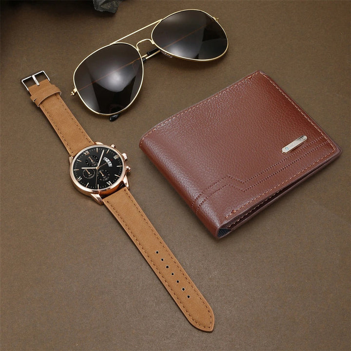 Complete men's accessories gift set: watch, genuine leather wallet, and aviator sunglasses for men's style.