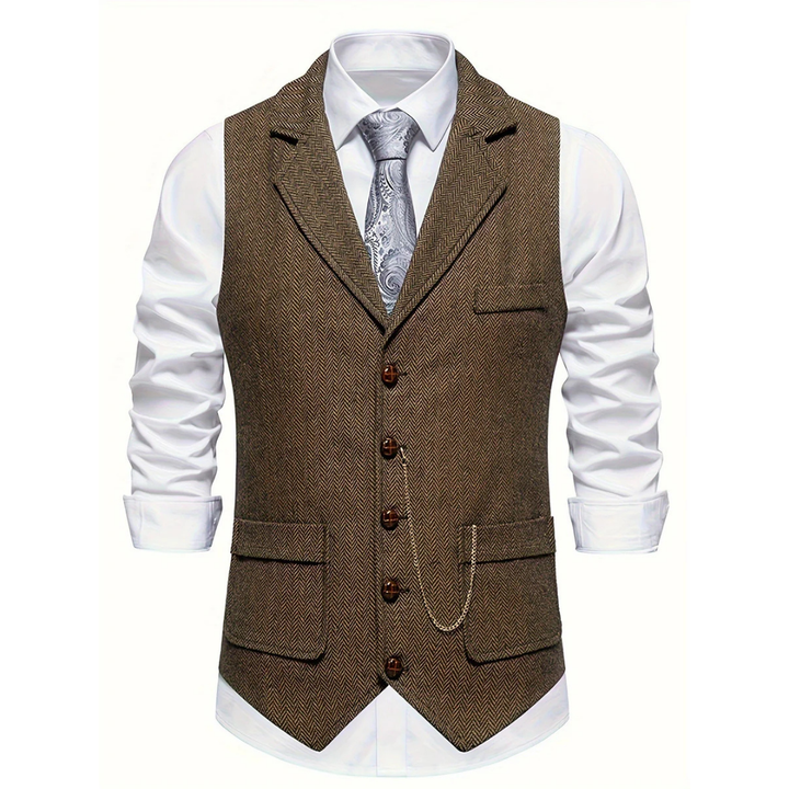 Versatile men's herringbone slim fit waistcoat, an elegant layering piece for sophisticated casual or formal wear.