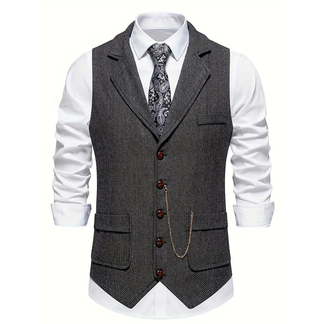 Detailed men's slim fit herringbone vest, ideal for a smart business casual outfit or formal event.
