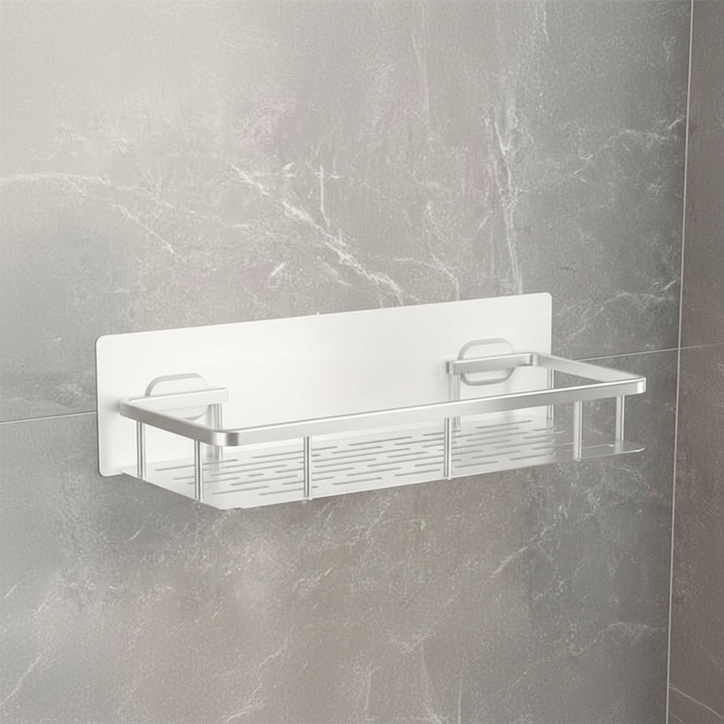 No-drill adhesive bathroom shelf, easy install stainless steel storage caddy for modern homes & showers.