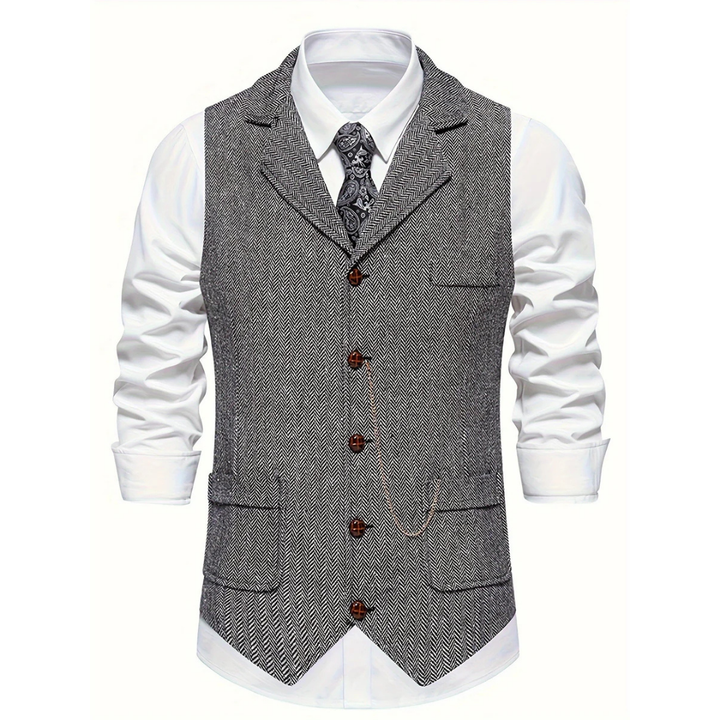 Elegant men's slim fit herringbone vest, a sophisticated tailored layering piece for modern men's fashion.