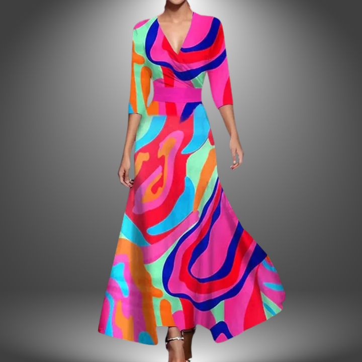 Casual women's boho maxi dress with a V-neck and half sleeves, a long flowy design perfect for summer wear.