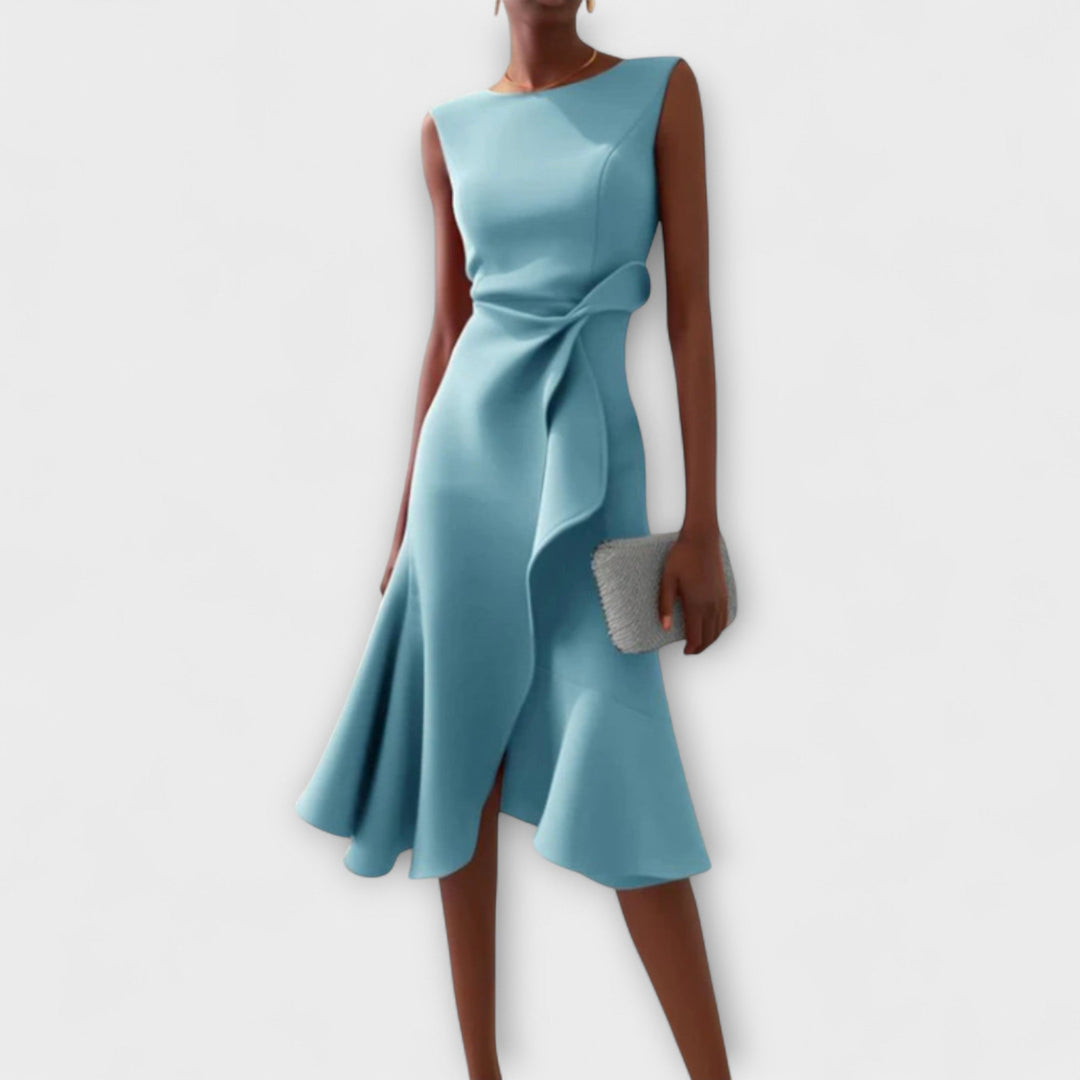 Sleek women's party dress; a sleeveless, draped midi with stylish asymmetric ruffles. Modern & elegant.