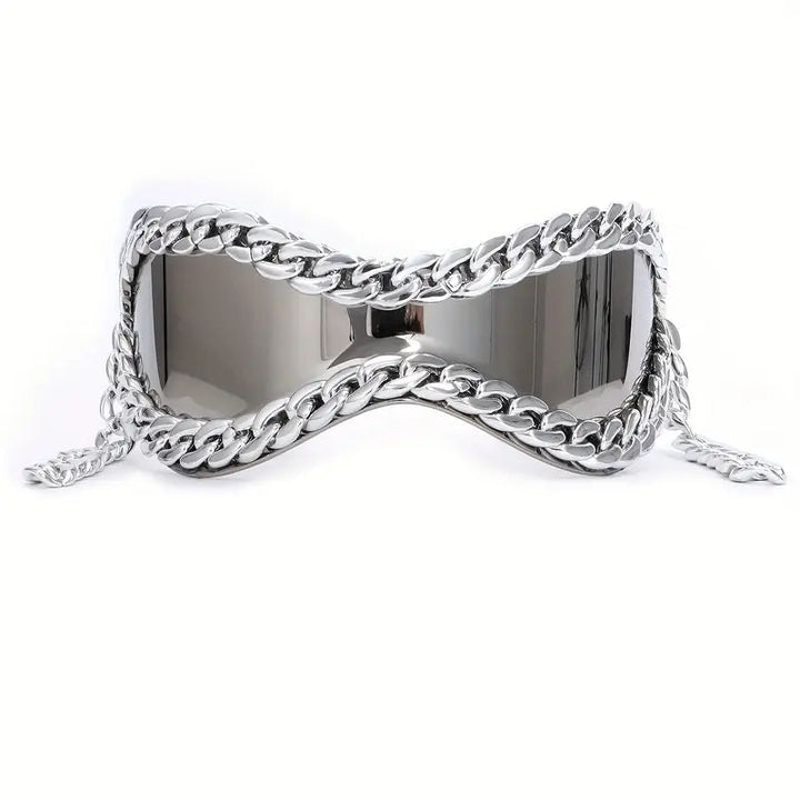 Wrap-around unisex mirrored sunglasses with unique chain accent. Trendy fashion eyewear.