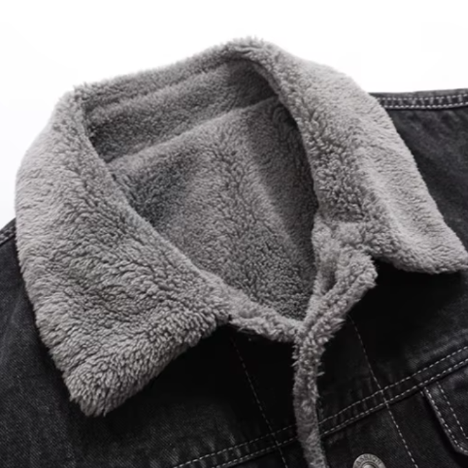 Warm black denim jacket, stylish outerwear for everyday wear and versatile styling.