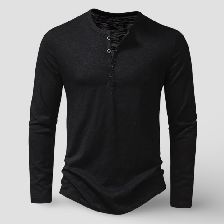 Versatile men's long sleeve henley top, a comfortable and stylish shirt with a classic button placket for menswear.