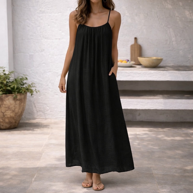 Elegant spaghetti strap sundress, tailored fit women's maxi dress for summer.