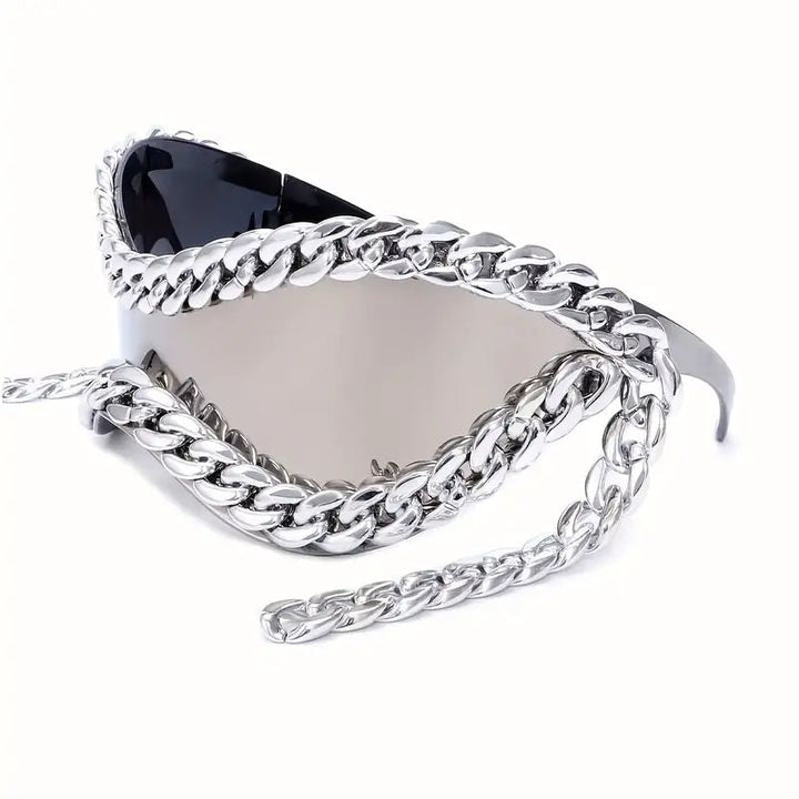 Stylish unisex mirrored sunglasses with chain accent, perfect for fashion accessories.