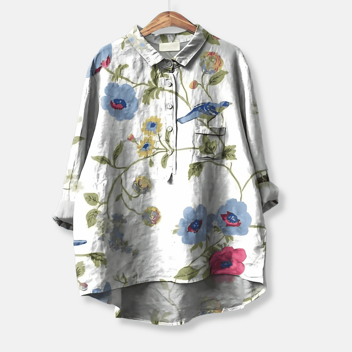 Vibrant floral pattern women's loose fit long sleeve blouse with button front, great for elegant casual wear.