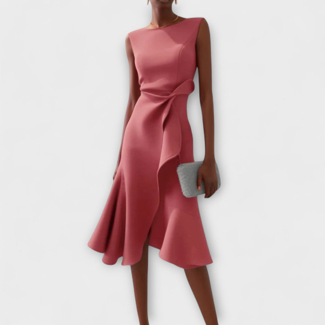 Draped midi cocktail dress for women, with an elegant asymmetric ruffle hem, ideal for special occasions.