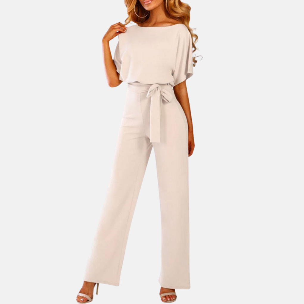 Comfortable women's wide-leg summer romper, solid color, short sleeve, high waist. Transitions day to night.