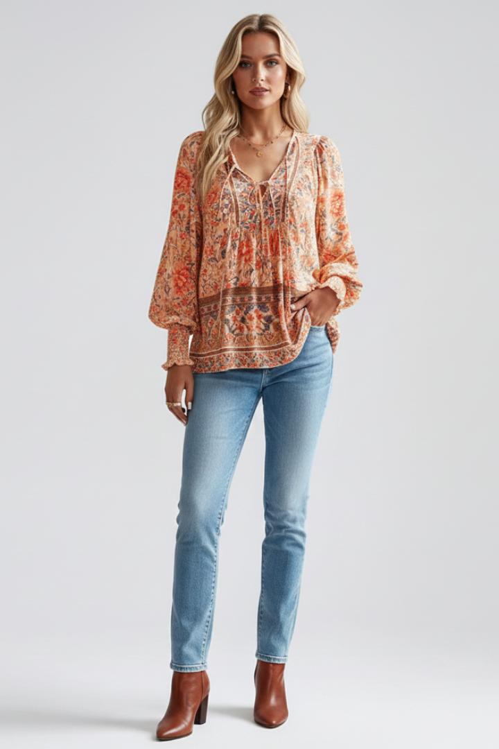 Loose fit women's floral blouse, V-neck, long sleeve. Versatile spring/summer top for women.
