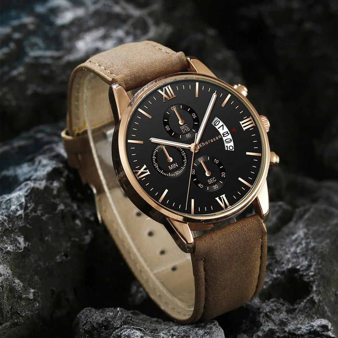 Men's essentials gift set: a versatile watch, durable leather wallet, and cool aviator sunglasses for daily wear.
