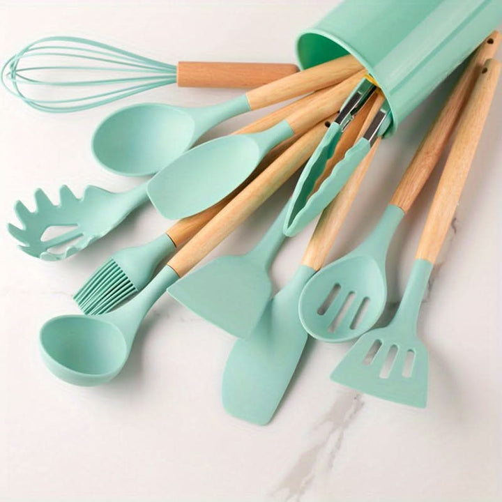 High-quality 12-piece silicone kitchen set, designed for heat resistance, non-stick safety & easy cleaning.
