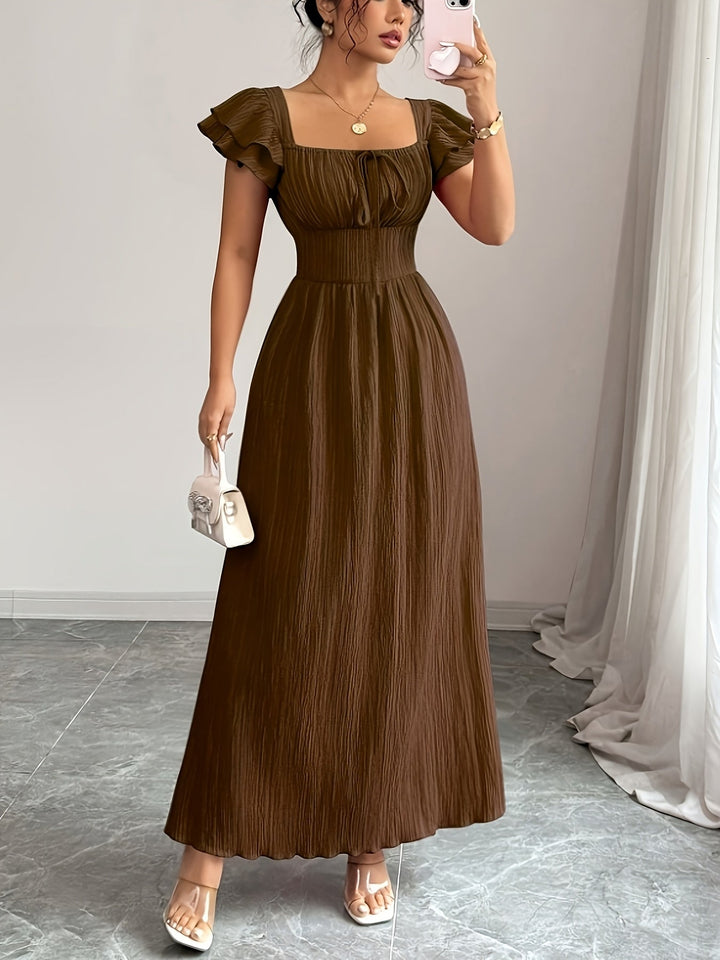 Effortless women's A-line dark brown maxi dress featuring a square neck and smocked detail, a long casual summer dress.