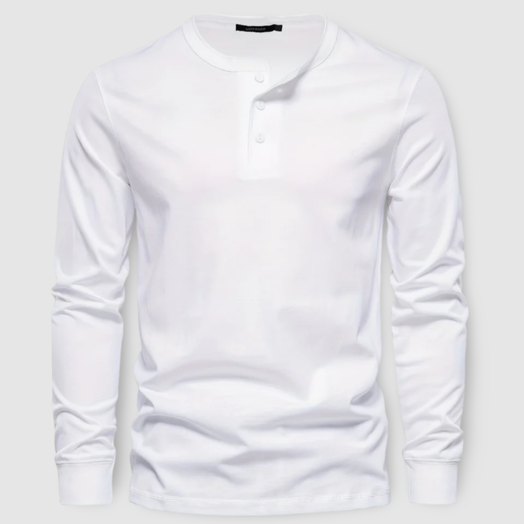 Plain men's long sleeve henley shirt, offering comfortable and timeless casual elegance.