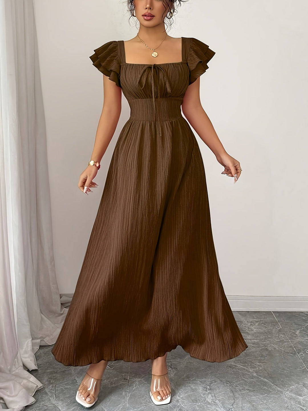 Versatile women's dark brown maxi dress, A-line cut with a square neck and smocked bodice, great for summer.