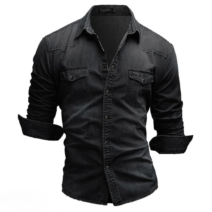 Stylish men's vintage wash denim shirt, western-style, long sleeve, featuring button-down closure & chest pockets.
