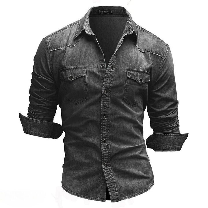 Casual men's vintage wash denim shirt, button-down, long sleeve. Perfect for western style or layered looks.