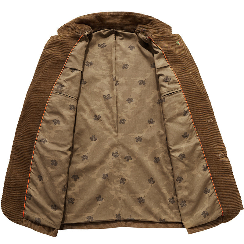 Close-up of a men's modern textured casual jacket fabric. Stylish outerwear showcasing quality and tailored fit.