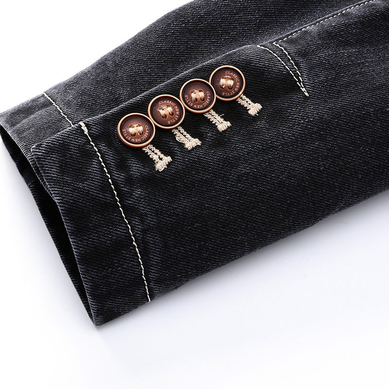 All-season men's dark wash trucker jacket, a versatile button-front outerwear for men's fashion.