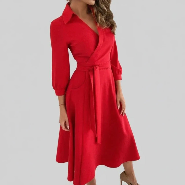 Women's Belted A-Line Midi Dress, elegant V-neck 3/4 sleeve, comfortable and flattering for versatile wear.