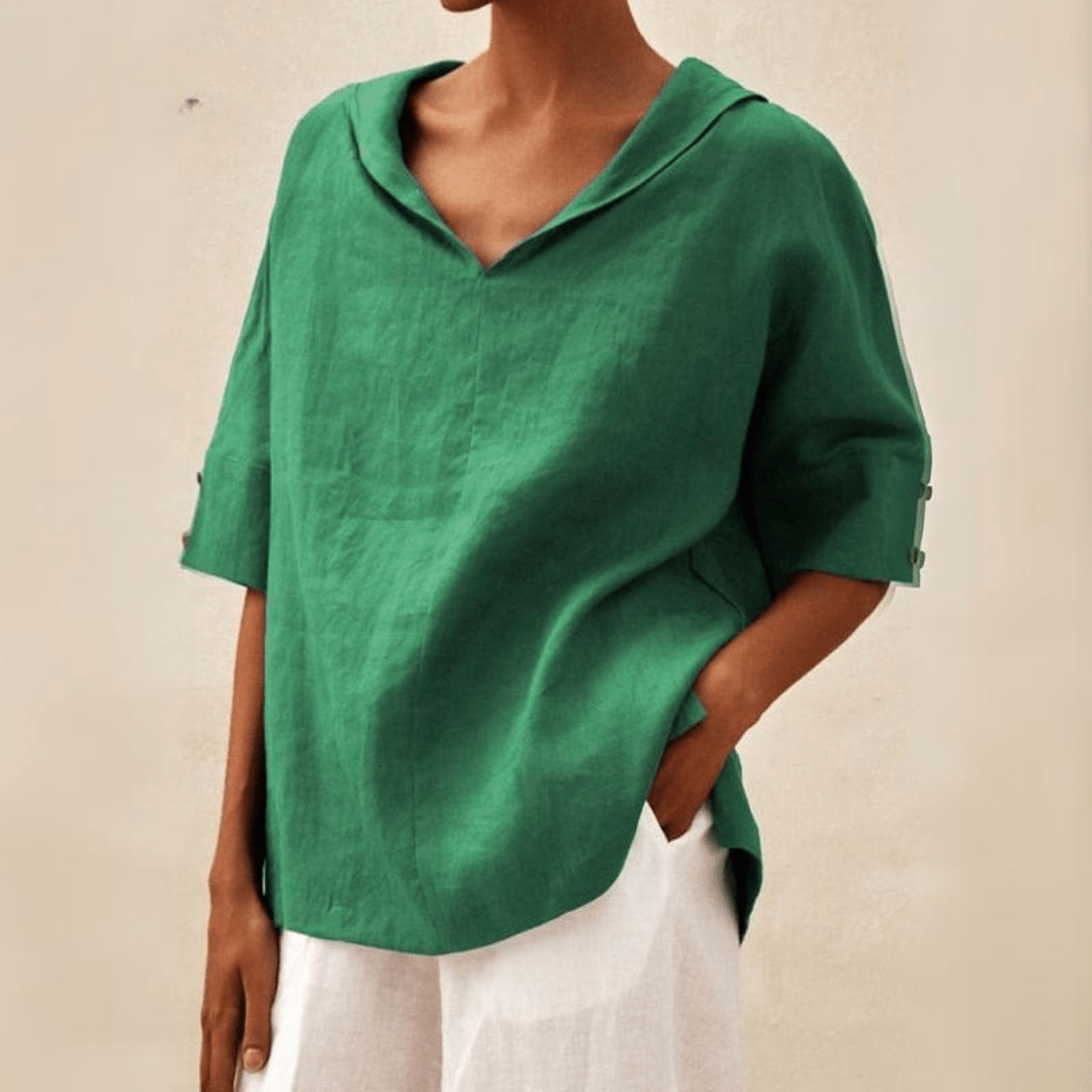 Women's chic collared V-neck tunic top with short sleeves. Perfect for versatile everyday casual wear in spring/summer.