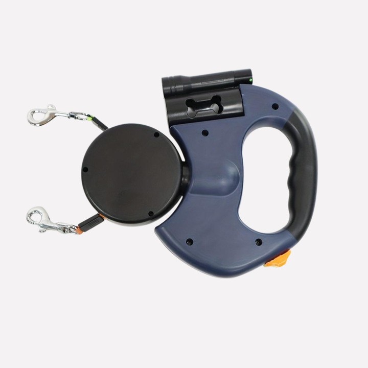 Ergonomic dual retractable dog leash with LED light, ideal pet gear for walking two dogs & enhanced safety.