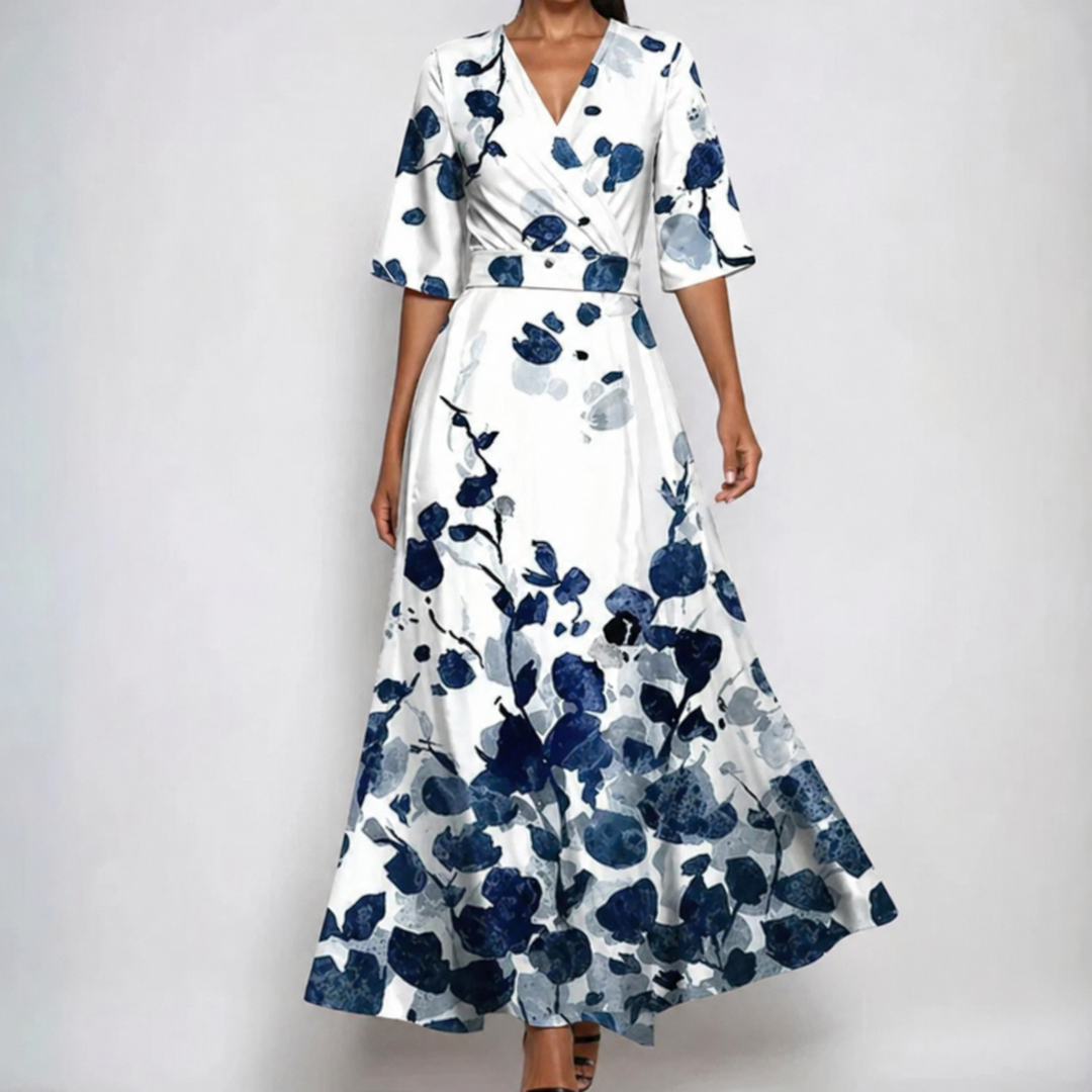 Flowy floral print maxi wrap dress for women, featuring a V-neck and belt, ideal for elegant summer events.