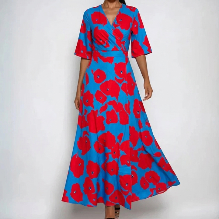 Vibrant floral print V-neck wrap maxi dress for women, cinched with a belt, suitable for spring fashion.